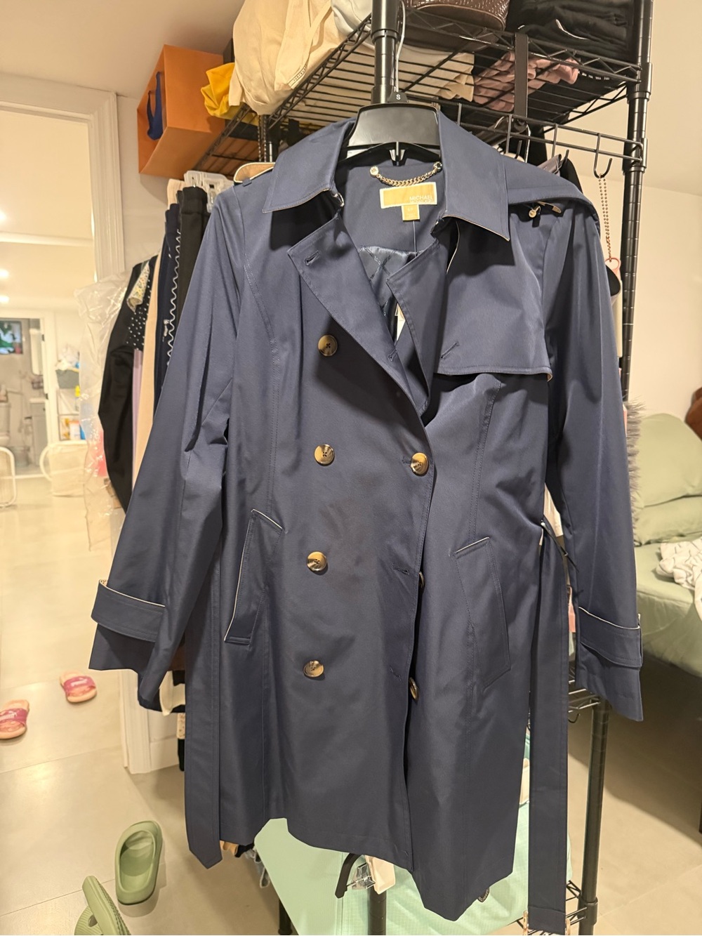 Michael Kors Navy Double-Breasted Trench Coat with Gold Buttons